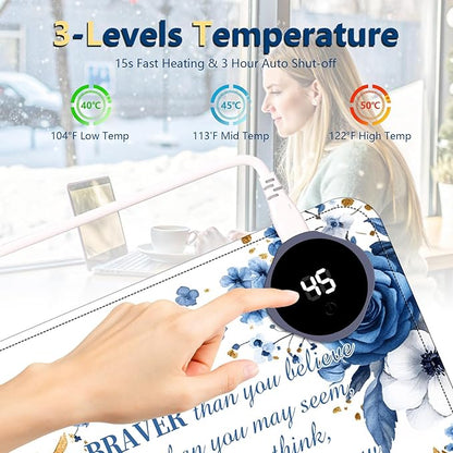 Heated Mouse Pad with 3 Temperature Settings(104°F–122°F),Large 24x14.2 Inch PU Leather Heated Desk Mat,Waterproof Warming Pad for Office,Gaming & Cold Hands Relief,Bule Flower Quotes