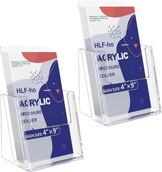 Brochure Holder 4x9 Inch Acrylic Literature Holders Clear Plastic Flyer Display Stand Countertop Use Pamphlet Holder Multi Purpose Organizer for Office, Lobby, Hotels, Trade Shows, 2 Pack