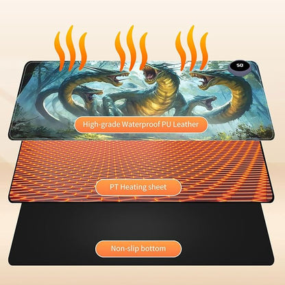 Small Heated Desk Pad 23.6" x 14.2" – Compact Electric Mouse Pad with 3 Heating Levels, Auto Shut-Off, Waterproof PU Surface, Plug-in Warmer for Office or Home Use, Serpent Beast