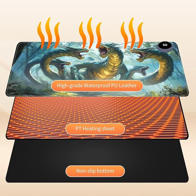 Heated Mouse Pad for Desk 31.5" x 13" – PU Leather Warm Desk Pad with 3 Heat Levels (104°F/113°F/122°F), Plug-in Electric Heating Mat with Auto Shut-Off, Waterproof & Rollable, Serpent Beast