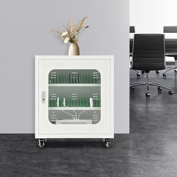 40-Port Mobile Phone Charging Station Cart - Heavy Duty Charging Cabinet for Schools & Offices, 400W Rechargeable Cellphone Locker Storage Lockable Tempered Glass Door & Wheels (White)