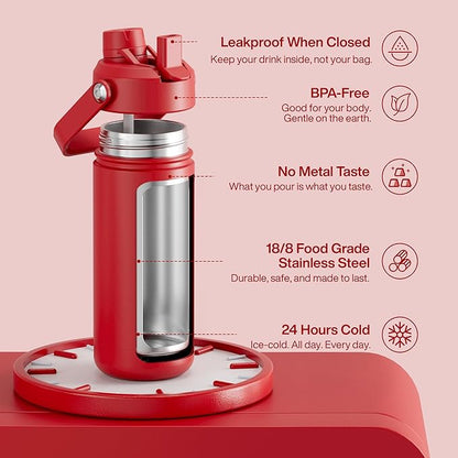 ENCOOL Insulated Water Bottle with Straw Stainless Steel Water Bottle, Leak-Proof, BPA-Free, Double Wall Vacuum Keeps Cold for 24 Hours for Sports, Travel, School (18 oz, Medium Carmine)