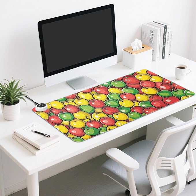 Heated Desk Pad Mouse Pad 31.5x13 Inch PU Leather Desk Mat with 3 Heat Levels Large Mouse Gaming Computer Laptop Mat Apples Colorful