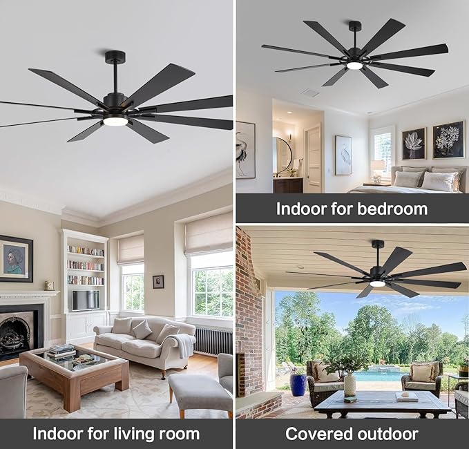 WINGBO 80" DC Ceiling Fan with Lights and 3 Downrods, Matte Black Ceiling Fan, 8 Plywood Blades, 6-Speed Reversible DC Motor, Large Ceiling Fans for Kitchen Bedroom Living Room