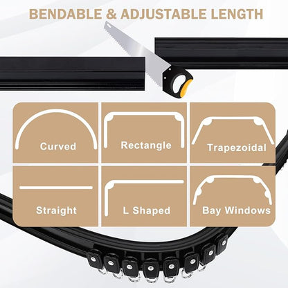 Aluminum Ceiling Curtain Track Set with Hooks Ceiling Mount and Wall Mount Room Divider Sliding Curtain Tracks Rods Flexible Heavy Duty Curtain Rail Hook Sets,Black,15FT