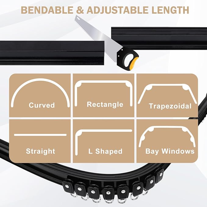 Aluminum Ceiling Curtain Track Set with Hooks Ceiling Mount and Wall Mount Room Divider Sliding Curtain Tracks Rods Flexible Heavy Duty Curtain Rail Hook Sets,Black,12FT