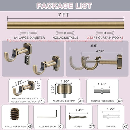 Heavy Duty Curtain Rods,1 1/4" Large Diameter Premium Nonadjustable Curtain Rod,84in/7ft Custom Window Treatment Rods with Durable Aluminum Brackets and End Caps,Antique Bronze Finish