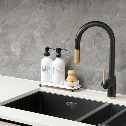 MOMEEMO White Soap Dispenser Set Comes with Stainless Steel Pumps, Instant Dry Tray, and Dish Scrub Brush, Suitable for Kitchen Accessories and Farmhouse Decor. (White)