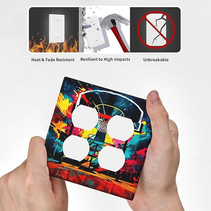Decorative Outlet Covers Scrawl Colorful Basketball Graffiti Hoop 2 Gang Wall Plate Cover Double Duplex Receptacle Two Switch Light Switch Cover Plate Dual Faceplate for Home Decor