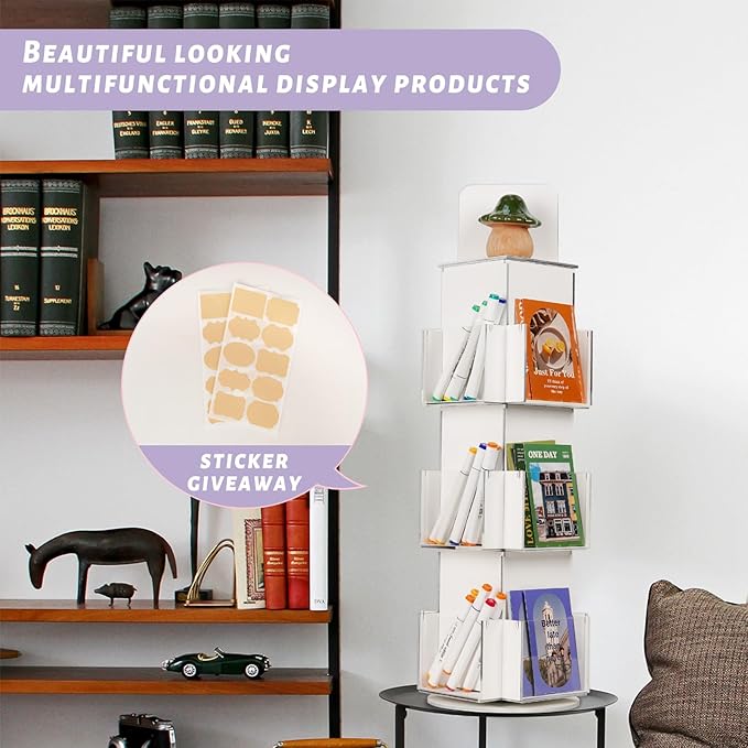Natheeph Rotating Display Stand Greeting Card Display Wooden Display Rack with Two Card Sticker for Greeting Card Vendor Coffee Bag 3 Tier Tabletop Display Stand (White)