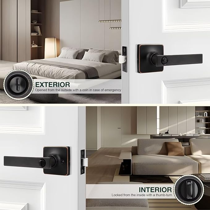 GOBEKOR 2 Pack Bronze Door Handles Interior with Lock Privacy Door Levers Oil Rubbed Bronze Lever Door Handle Interior Keyless Door Locks for Bedroom Bathroom Bronze Square Door Handles