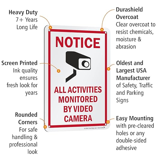 SmartSign 10 x 7 inch “Notice - All Activities Monitored By Video Camera” Metal Sign, 40 mil Laminated Rustproof Aluminum, Red, Black and White, Made in USA