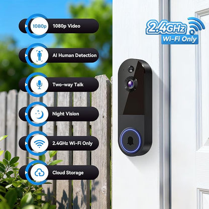 1080p Wireless Video Doorbell Camera, Live View, Night Vision, Two Way Audio, Cloud Storage, AI Motion Detection, Indoor/Outdoor Surveillance, Battery Powered, 2.4G WiFi Only