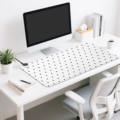 Heated Desk Pad Mouse Pad 31.5x13 Inch PU Leather Desk Mat with 3 Heat Levels Large Mouse Gaming Computer Laptop Mat Black Polka Dot White