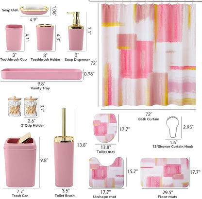 Bathroom Set - Pink and Gold Bathroom Accessories Set, Bathroom Sets with Shower Curtain and Rugs, Pink Shower Curtain Set with Bathroom Trash Can, Soap Dispenser, Soap Dish for Home Decor