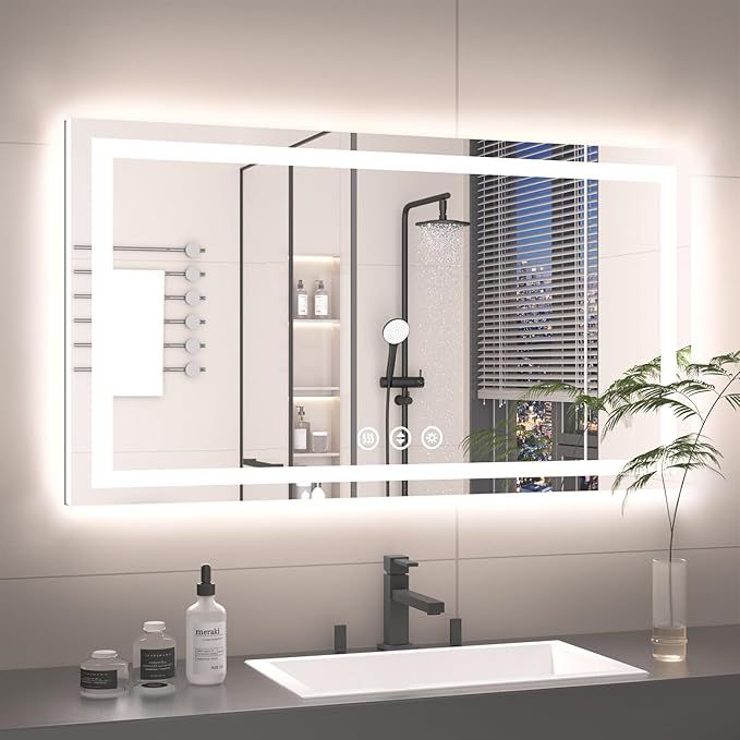 55X30 LED Bathroom Mirror with Lights, Anti-Fog, Backlit + Front Lit, Lighted Bathroom Vanity Mirror for Wall, Memory Function, Dimmable, Tempered Glass, Shatter-Proof