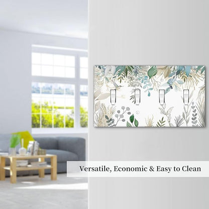 Green Tropical Palm Leaves Flower Plants Hummingbird Light Switch Covers Quad Toggle Electrical Faceplate 4 Gang Wall Plate Decorative Switch Plates for Bed Room Living Room Decor