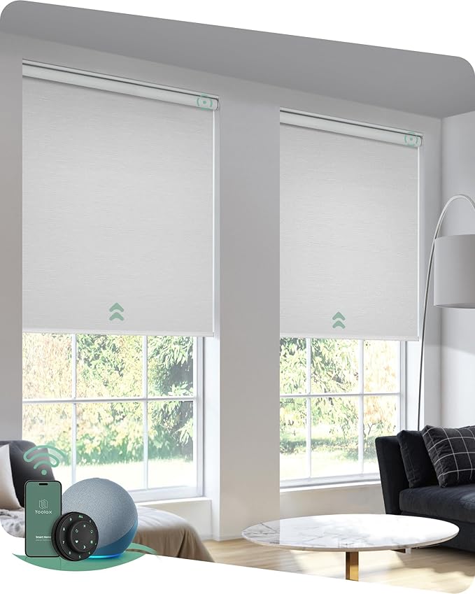 Yoolax Motorized Blinds with Remote, Blackout Smart Blinds for Windows Motorized Roller Shades, Automatic Window Blinds Directly Compatible with Alexa Electric Blinds (Jacquard White, 32" W x 72" H)