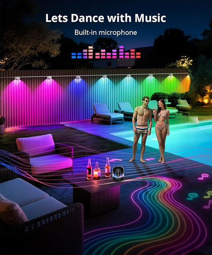 Outdoor Deck Lights 8 Packs, Smart RGBCW Fence Light, 100+ Scene Modes, Dual Lens LED String Lights with APP/Voice/Remote Control, IP65 Waterproof for Halloween Christmas Decor, 52ft White