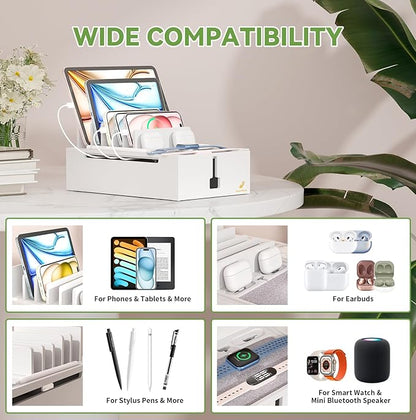 Pezin & Hulin Bamboo Charging Station, Electronic Devices Organizer for Multiple Devices Charger Such As Cell Phone, Tablet, Watch and More, White, (No USB Charger and Cables