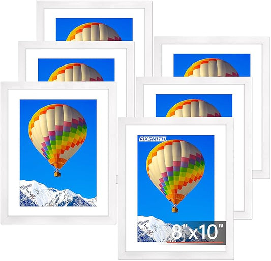 FIXSMITH 8x10 Picture Frame Set of 6, White Photo Frames Bulk with HD Plexiglass, Display Pictures 5x7 with Mat or 8x10 Without Mat, Multi Picture Frames Collage for Tabletop or Wall Display