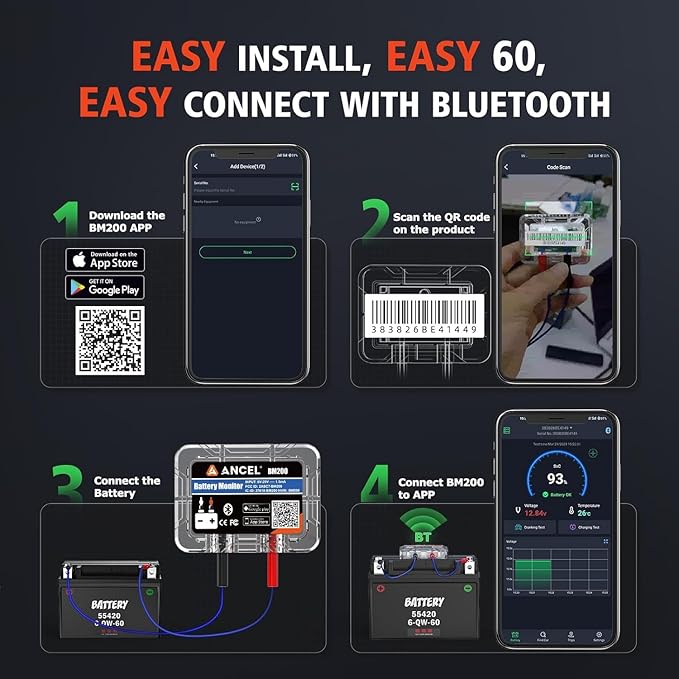 ANCEL BM200 Blue-US Battery Monitor 12V Automotive Bluetooth Auto Battery Load Tester with Cranking Charging Test Alarm Record Voltage History Voltmeter for Car (Blue Version)