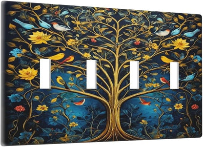 Gold Tree With Birds Flowers on Branches Light Switch Covers Quad Toggle 4 Gang Wall Plate Decorative Switchplate Electrical Faceplate for Farmhouse Bathroom Living Decor