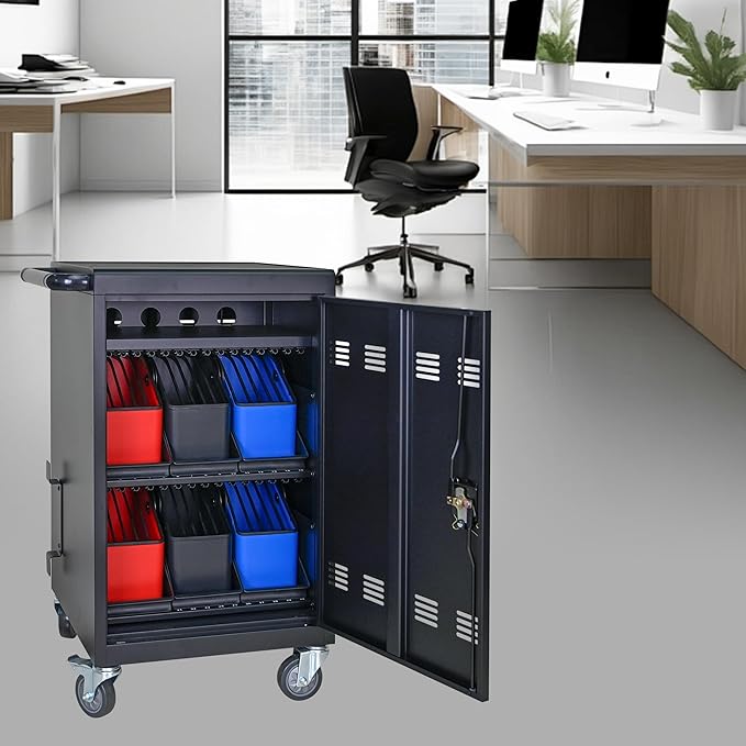 Laptop Charging Cart, 30 Laptop Storage Cart with 6 5-Slot Equipment Baskets, Mobile Charging Cabinet for iPads up to 16.3", Chromebook Devices, Cord Management,Access Lock.School,Business.Black