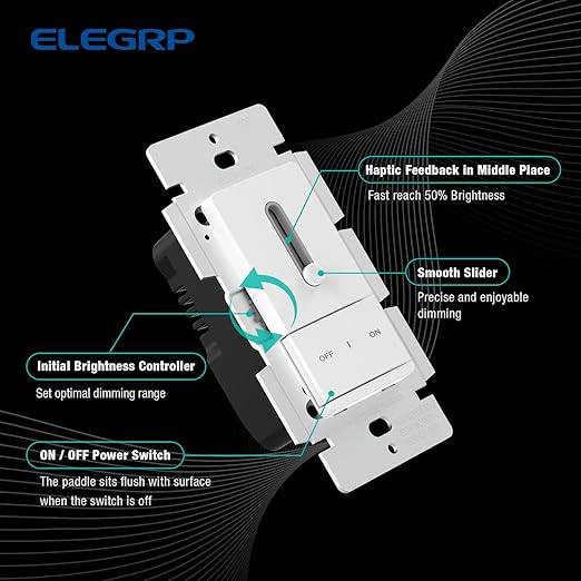 ELEGRP Slide Dimmer Switch for Dimmable LED, CFL and Incandescent Light Lamp Bulbs, Single Pole or 3-Way, Full Control with Preset, Rocker Paddle, Wall Plate Included, UL Listed (1 Pack, Matte White)