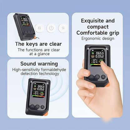 5 in 1 Air Quality Detector, CO2 TVOC HCHO Temp Humid Monitor Rechargeable Battery Voice Alert for Home Office Travel