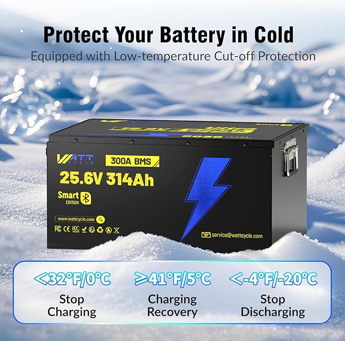 WattCycle 24V 314Ah Lithium Battery 3 Pack, 24V LiFePO4 Battery 300A BMS, LiFePO4 Battery 15000+ Deep Cycles, Rechargable Batteries Built-in Bluetooth, Perfect for Home Energy, RV, Marine, Solar