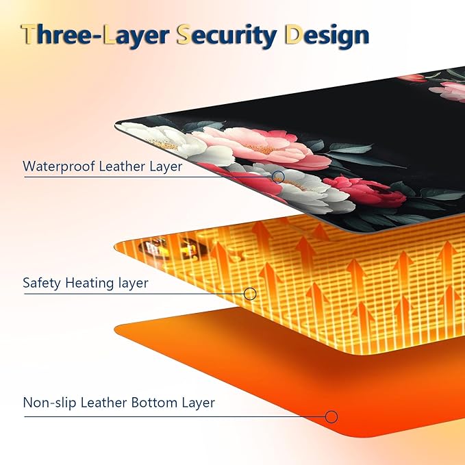 Heated Mouse Pad with 3 Temperature Settings(104°F–122°F),Large 31.5x13 Inch PU Leather Heated Desk Mat,Waterproof Warming Pad for Office,Gaming & Cold Hands Relief,Vintage Flowers