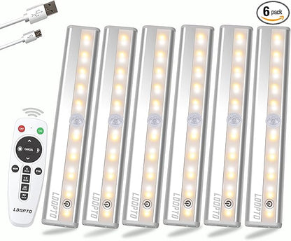 LDOPTO Under Cabinet Wireless LED Lights, 6 Pack Rechargeable Battery Operated, Dimmable, Remote Control, Stick On Night Lights for Kitchen, Pantry, Stairs, Hallway, 3 Colors
