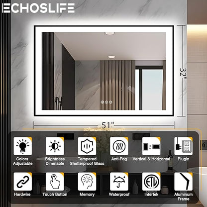 51x32 LED Lit Bathroom Mirror - Black Framed, Front and Backlit LED Lighted, Anti-Fog Bathroom Mirror with Lights, 3 Colors Stepless Dimmable Mirror, Touch Sense (Horizontal/Vertical)