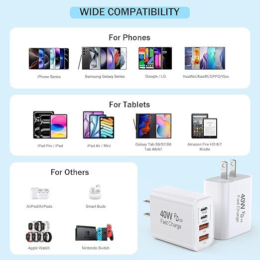 USB C Charger Block, 2Pack 40W 4-Port USB C iPhone Charger Fast Charging Plug Dual Port PD Power Adapter + QC Double Block Multi-port Brick Type C Box Plug for iPhone 16/15/14/13/12/11/Pro Max/XS,iPad