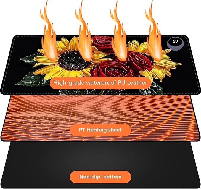 Heated Mouse Pad with 3 Levels Heated & 3 Hours Auto Shut-Off Mouse Pad for Warming Hands in Office Home, 31.5" x 13"Large Safe Desk Mat Hand Warmer，Rose Sunflower