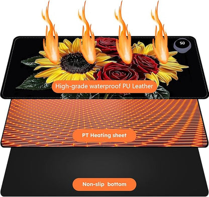 Heated Mouse Pad with 3 Levels Heated & 3 Hours Auto Shut-Off Mouse Pad for Warming Hands in Office Home, 23.6" x 14.2"Large Safe Desk Mat Hand Warmer，Rose Sunflower