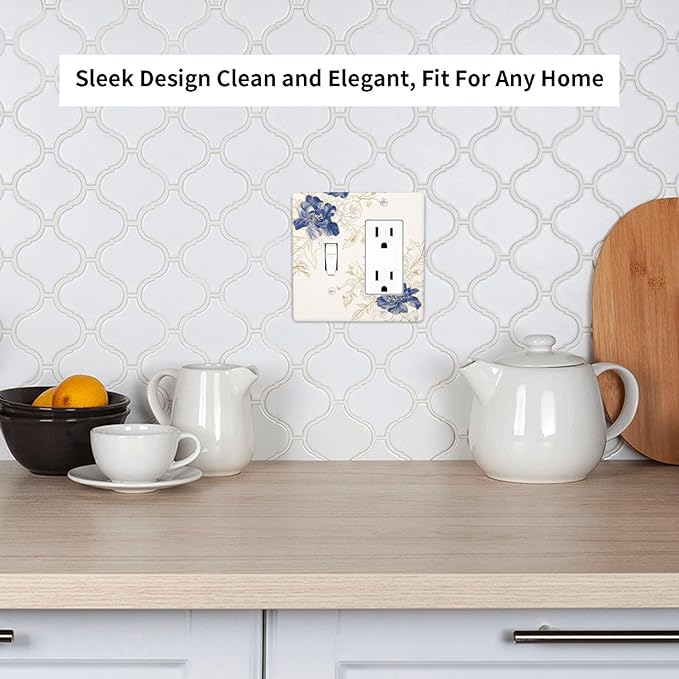 Decorative Outlet Covers Rustic Blue Flower Floral Gold Leaf 2 Gang Light Switch Cover Plate Single Toggle 1 Rocker Wall Plates for Electrical Outlets Switch Plate Covers for Home Decor