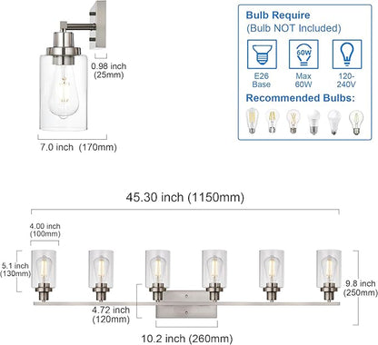 MELUCEE Modern Bathroom Vanity Light Fixtures 6-Light Brushed Nickel Contemporary Wall Light with Glass Shade for Kitchen Living Room Bedroom (Patent No.: US D963914 S)