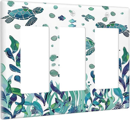 Light Switch Covers Vibrant Turtle Seagrass Watercolor Painting 3 Gang Rocker Electrical GFCI Decorative Triple Outlet Wall Plate Cover Switchplate for Bathroom living Room Decor