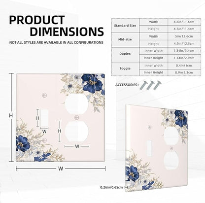 Decorative Outlet Covers Rustic Blue Beige Flower Peony Floral 2 Gang Light Switch Cover Plate Single Toggle Duplex Wall Plates for Electrical Outlets Switch Plate Covers for Bedroom Decor