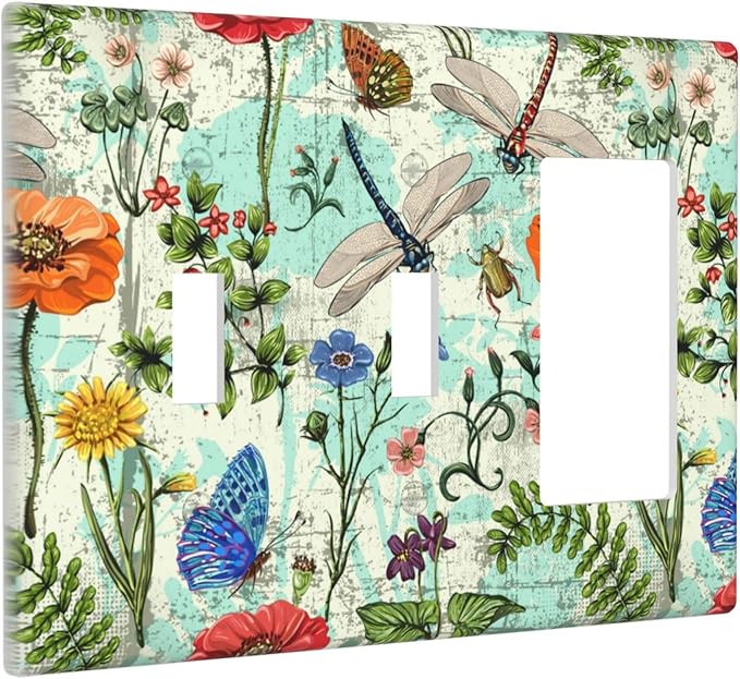 Dragonflies Flowers Butterfly 3 Gang Toggle Toggle Rocker Outlet Light Switch Cover Decorative Wall Plate Cover For Home Living Bedroom Kitchen Decorative