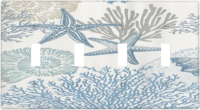 Decorative Light Switch Plate Covers Blue Starfish Coral Seaweed 4 Gang Light Switch Cover Quad Toggle Wall Plate Outlet Covers for Bathroom Bedroom Decor
