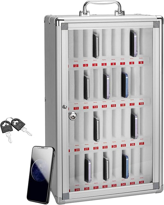36 Slots Cell Phone Locker,Pocket Chart Cell Phones Storage Cabinet for Cell Phones,Wall-Mounted with a Locked, Lock Box for Phone with Handle for Enterprise & Classroom - Silver