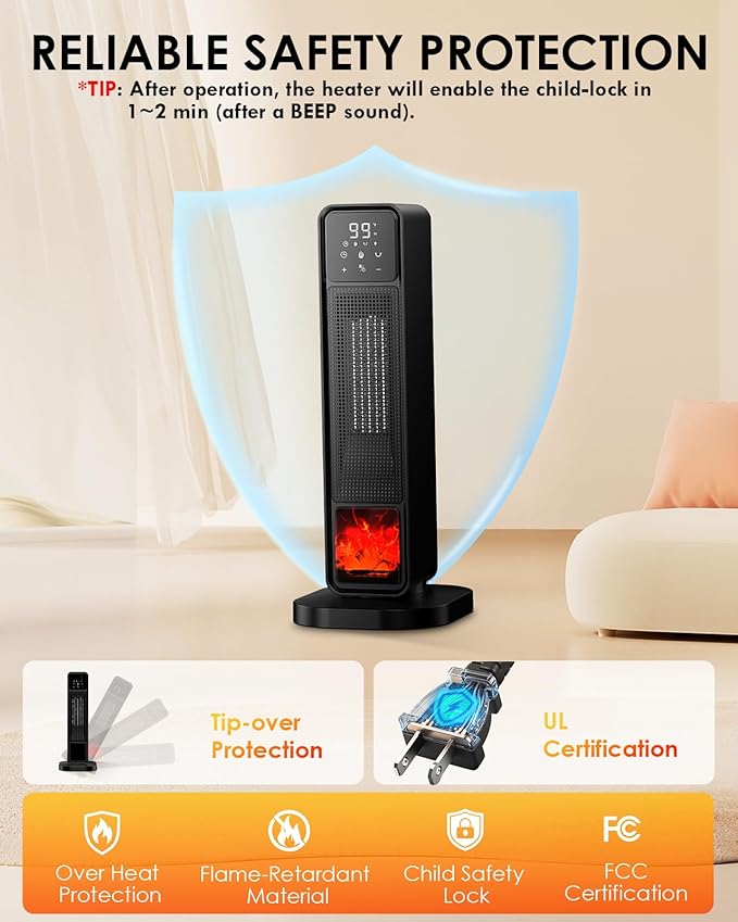 2026 New Space Heater, 1500W Portable Heater with Remote, Quiet Heating Electric Heater for Indoor, PTC Ceramic Fast and Safety Heat, 75° Oscillation & 12H Timer, for Home Bedroom Office Patio