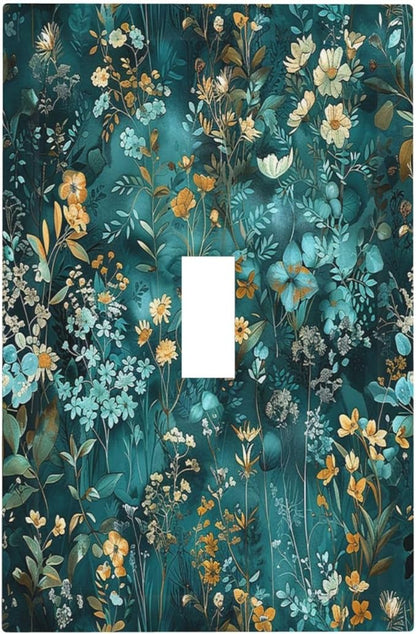 Decorative Light Switch Cover Green Leaf Floral Boho Golden Flower Plant 1 Gang Single Toggle Device Electrical Faceplate Switchplates Decorator Outlet Wall Plate For Bed Room Cabin