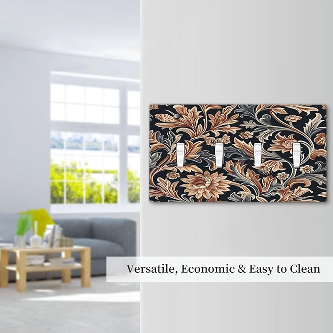 Light Switch Covers Vintage Grey Plant Leaves Brown Flowers Quad Toggle Electrical Faceplate 4 Gang Wall Plate Decorative Switch Plates for Bedroom Home Decor