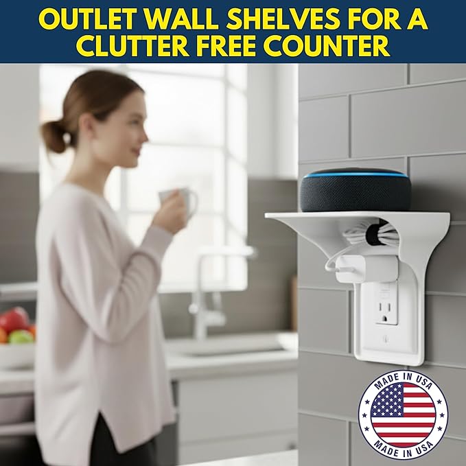 BeraTek Power Perch Wall Outlet Shelf with Cord Storage Strap - Declutter & Reclaim Counter Space - Top Uses: Charging Shelf, Echo Dot Stand, Apple HomePod Mini Wall Mount - White, 1-Pack