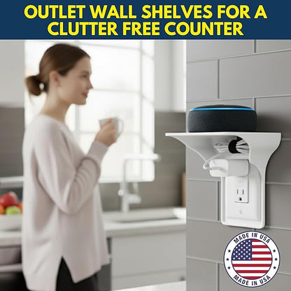 BeraTek Power Perch Wall Outlet Shelf with Cord Storage Strap - Declutter & Reclaim Counter Space - Top Uses: Charging Shelf, Echo Dot Stand, Apple HomePod Mini Wall Mount - White, 1-Pack