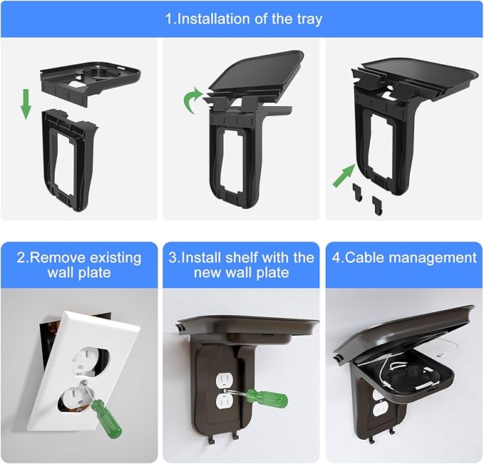 suptek Large Wall Outlet Shelf,Home Wall Shelf Organizer for Outlets,Perfect for Bathroom Kitchen,Bedrooms,Ideal for Cell Phone Speaker up to 20lbs,with Cable Management and Detachable Hooks (S3XLB)